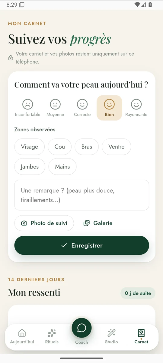 Écran Mon carnet dans l’application Belluvia