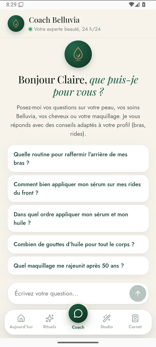 Le Coach Belluvia propose des questions adaptées au profil beauté