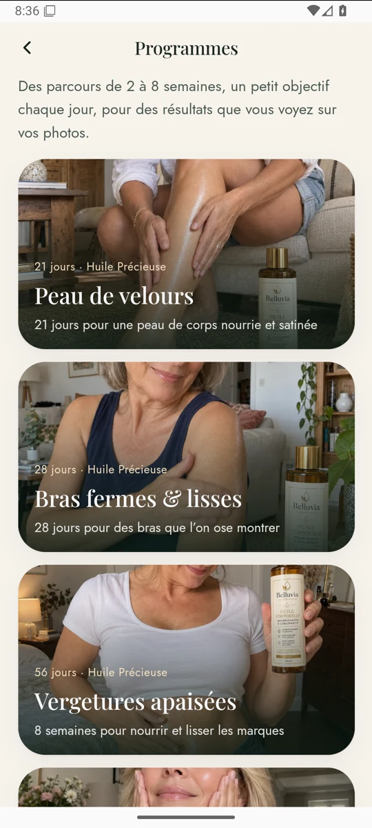 Écran Mes programmes dans l’application Belluvia