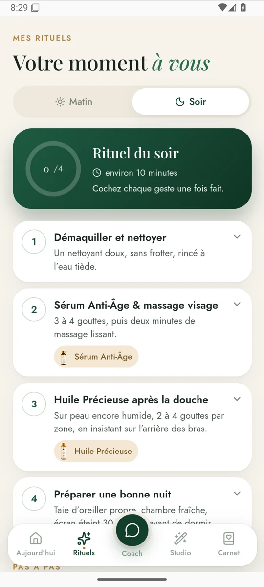 Écran Mes rituels dans l’application Belluvia