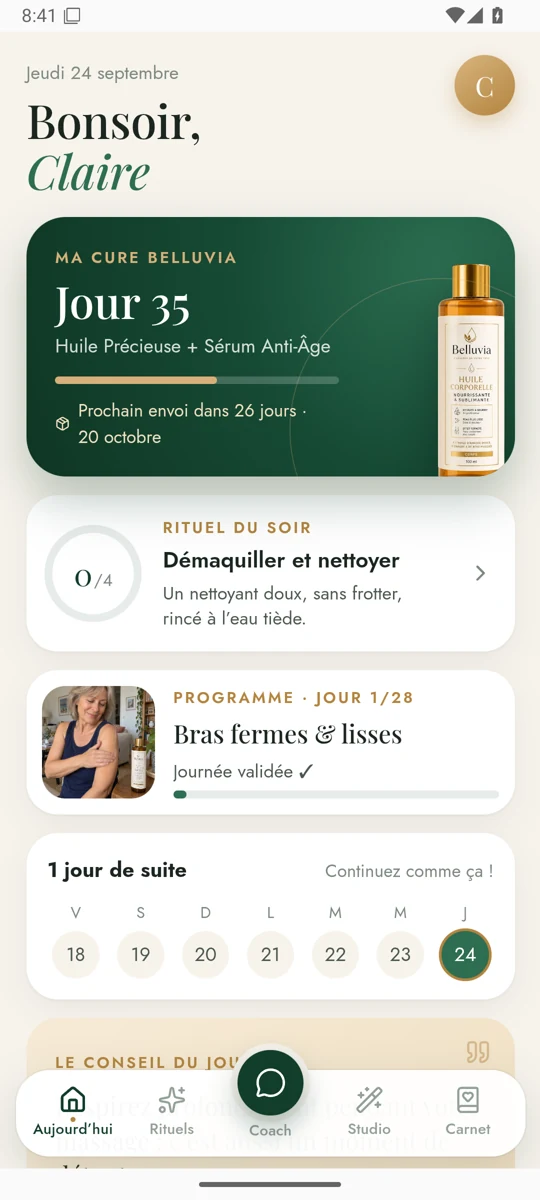 Accueil de l’application Belluvia avec les rituels et le programme du jour
